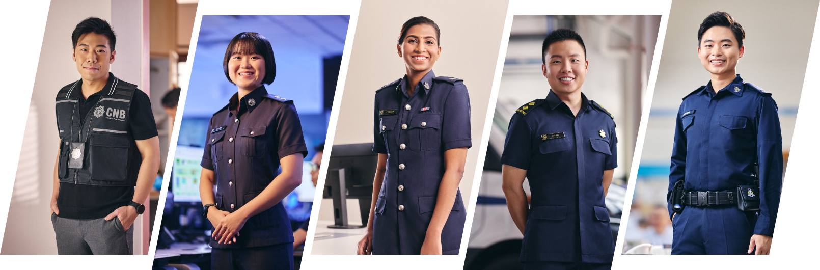 Collage of five uniformed officers from CNB, ICA, SPF, SCDF and SPS.